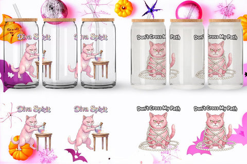 Glass Can Sassy Pink Cat Halloween Watercolor Sublimation artnoy 