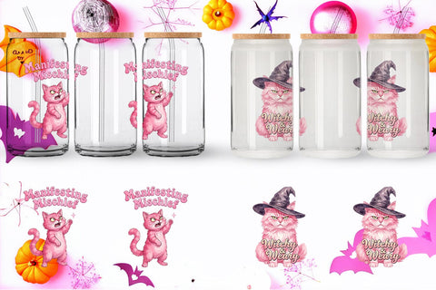 Glass Can Sassy Pink Cat Halloween Watercolor Sublimation artnoy 