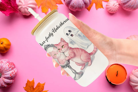 Glass Can Sassy Pink Cat Halloween Watercolor Sublimation artnoy 