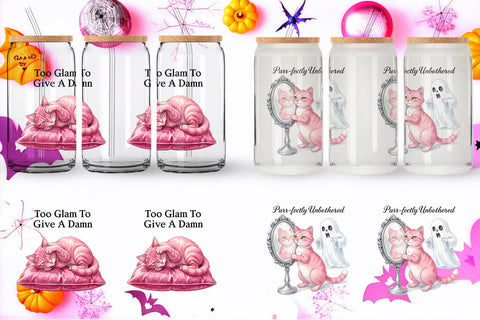 Glass Can Sassy Pink Cat Halloween Watercolor Sublimation artnoy 