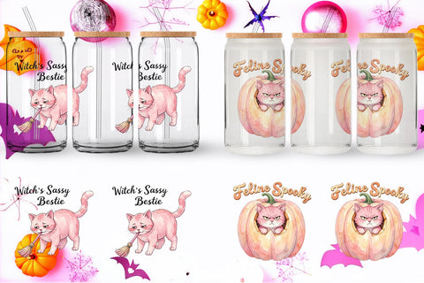 Glass Can Sassy Pink Cat Halloween Watercolor Sublimation artnoy 