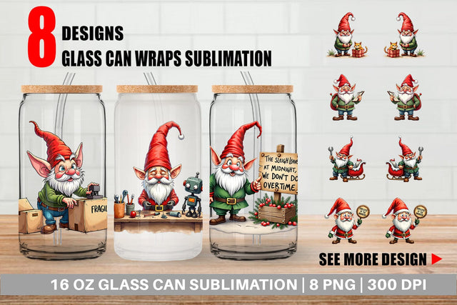 Glass Can Sassy Santa's Helpers: Watercolor Gnome Crew Sublimation artnoy 