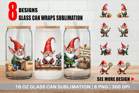 Glass Can Sassy Santa's Helpers: Watercolor Gnome Crew Sublimation artnoy 
