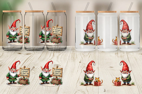 Glass Can Sassy Santa's Helpers: Watercolor Gnome Crew Sublimation artnoy 