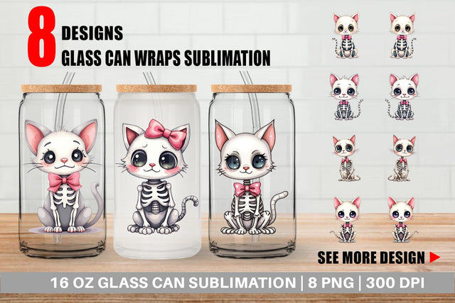 Glass Can Sassy Skeleton Cat Sublimation artnoy 