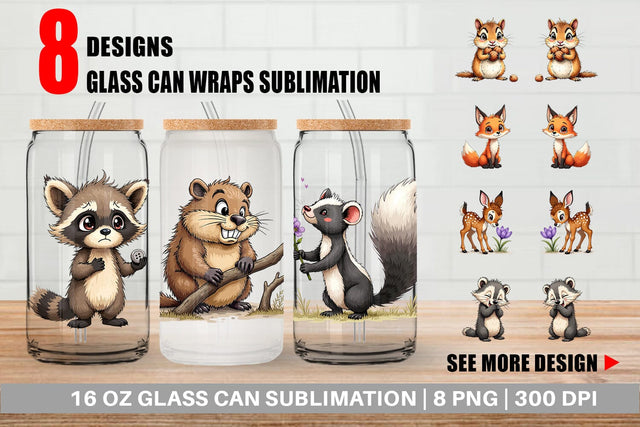 Glass Can Scruffy Woodland Wanderers Forest Friends Sublimation artnoy 