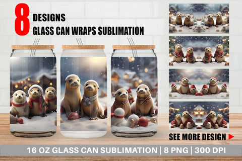 Glass Can Sea Lion Christmas Sublimation artnoy 