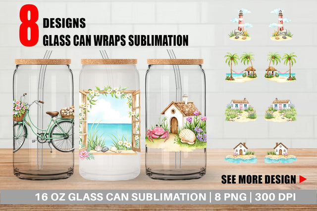 Glass Can Seaside Cottage Sublimation artnoy 
