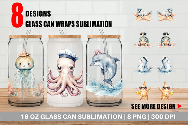 Glass Can Seaside Critter Friends Sublimation artnoy 