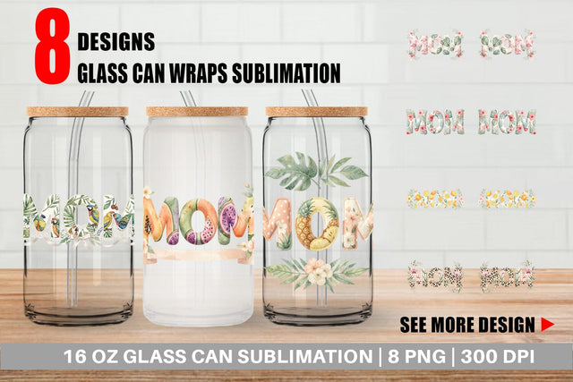 Glass Can Shabby Chic Tropical MOM Watercolor Sublimation artnoy 
