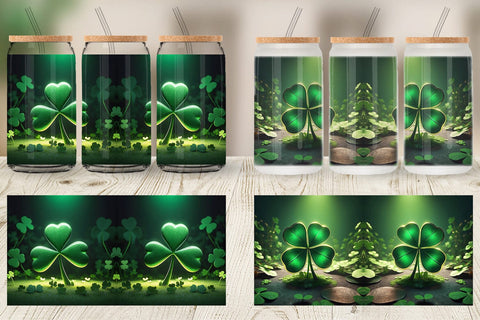 Glass Can Shamrock Leaf Patrick Day Sublimation artnoy 