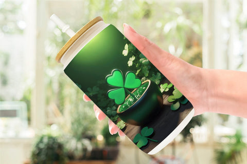 Glass Can Shamrock Leaf Patrick Day Sublimation artnoy 