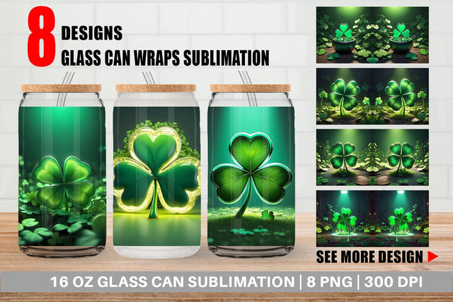 Glass Can Shamrock Leaf Patrick Day Sublimation artnoy 