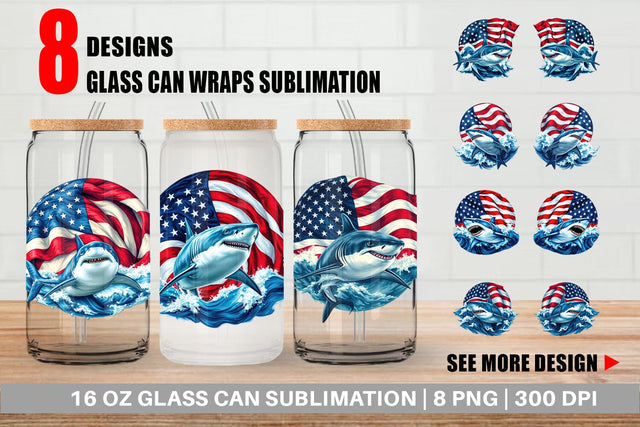Glass Can Shark 4th of July Sublimation artnoy 