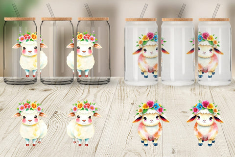 Glass Can Sheep with Floral Crowns Sublimation artnoy 