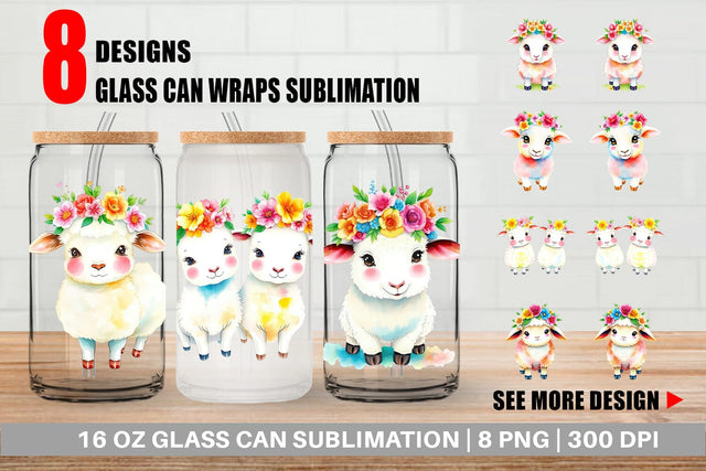 Glass Can Sheep with Floral Crowns Sublimation artnoy 