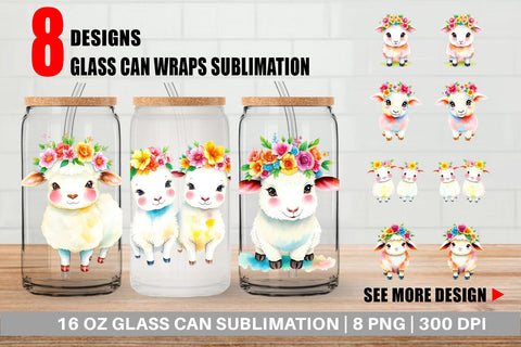 Glass Can Sheep with Floral Crowns Sublimation artnoy 