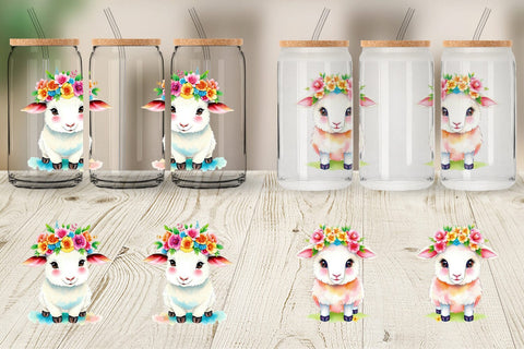 Glass Can Sheep with Floral Crowns Sublimation artnoy 