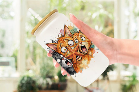 Glass Can Shocked Beach Cat Heads Ink Sketch Sublimation artnoy 