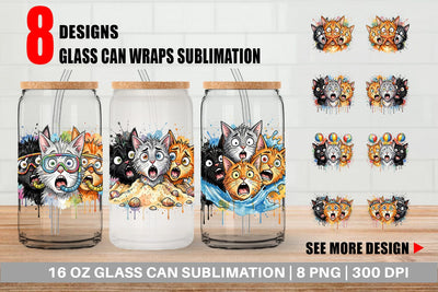 Glass Can Shocked Beach Cat Heads Ink Sketch Sublimation artnoy 