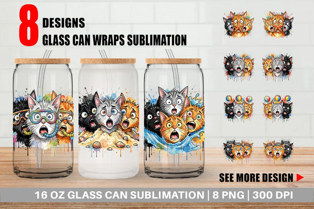 Glass Can Shocked Beach Cat Heads Ink Sketch Sublimation artnoy 