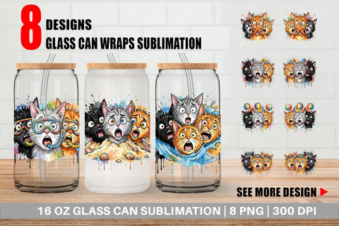 Glass Can Shocked Beach Cat Heads Ink Sketch Sublimation artnoy 