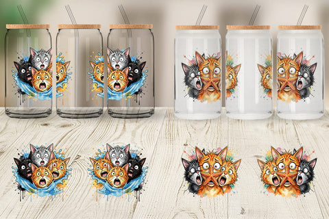Glass Can Shocked Beach Cat Heads Ink Sketch Sublimation artnoy 