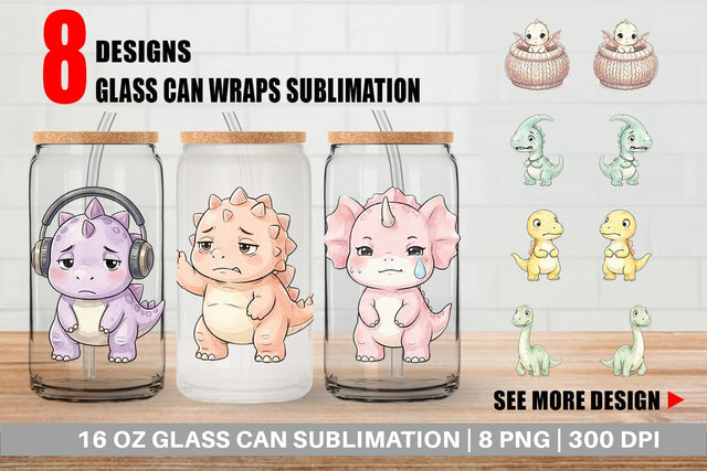 Glass Can Shy Baby Dinosaur Watercolor Sublimation artnoy 