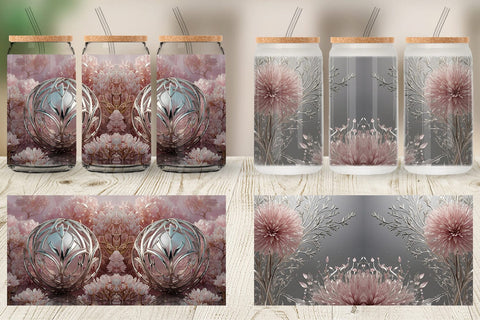 Glass Can Silver and Pink Plants Sublimation artnoy 