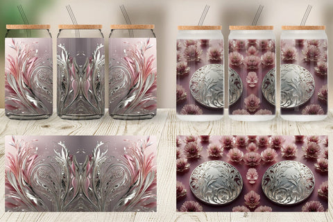 Glass Can Silver and Pink Plants Sublimation artnoy 