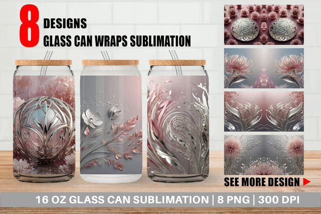 Glass Can Silver and Pink Plants Sublimation artnoy 