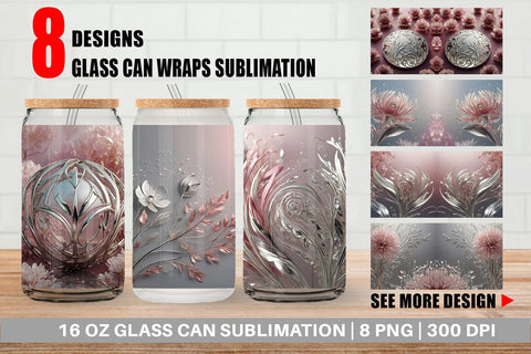 Glass Can Silver and Pink Plants Sublimation artnoy 