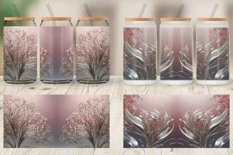 Glass Can Silver and Pink Plants Sublimation artnoy 