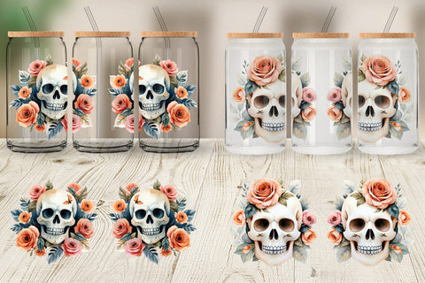 Glass Can Skull with Roses Watercolor Floral Sublimation artnoy 