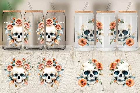 Glass Can Skull with Roses Watercolor Floral Sublimation artnoy 