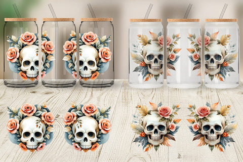 Glass Can Skull with Roses Watercolor Floral Sublimation artnoy 