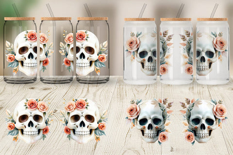 Glass Can Skull with Roses Watercolor Floral Sublimation artnoy 