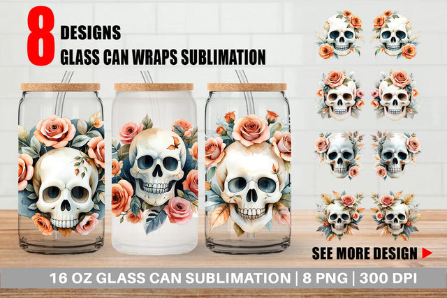 Glass Can Skull with Roses Watercolor Floral Sublimation artnoy 