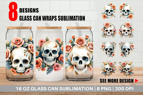 Glass Can Skull with Roses Watercolor Floral Sublimation artnoy 