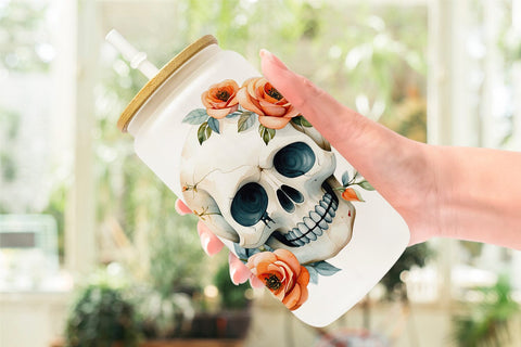 Glass Can Skull with Roses Watercolor Floral Sublimation artnoy 