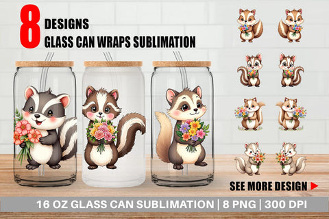 Glass Can Skunk Spring Bouquet Sublimation artnoy 