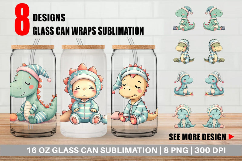Glass Can Sleepy Dinosaur Sublimation artnoy 