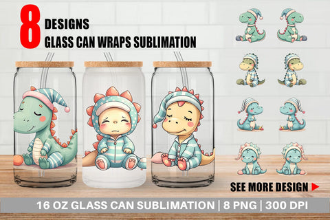 Glass Can Sleepy Dinosaur Sublimation artnoy 