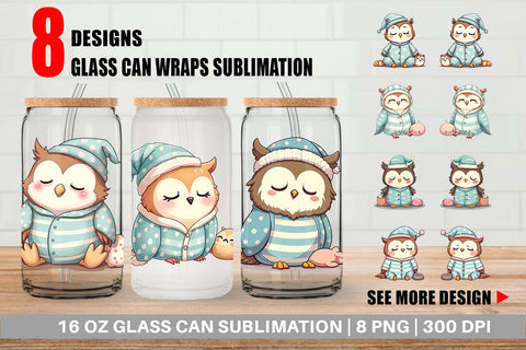 Glass Can Sleepy Owl Sublimation artnoy 