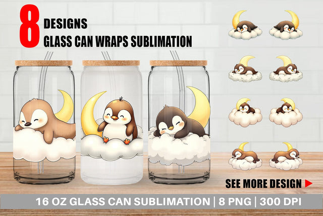 Glass Can Sleepy Penguin Cloud Sublimation artnoy 