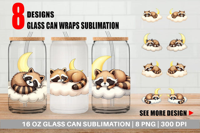 Glass Can Sleepy Raccoon Cloud Sublimation artnoy 