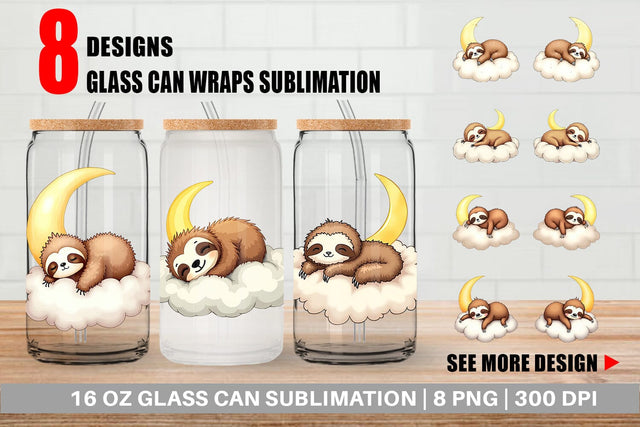 Glass Can Sleepy Sloth Cloud Sublimation artnoy 