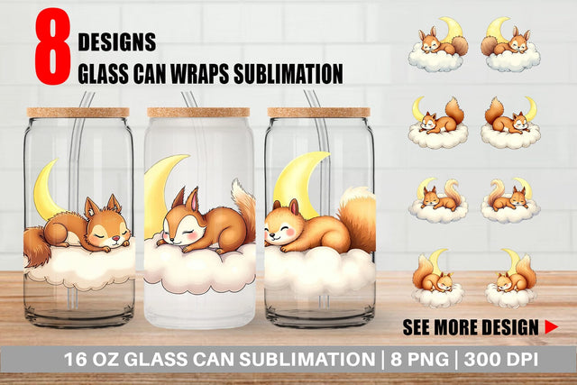 Glass Can Sleepy Squirrel Cloud Sublimation artnoy 