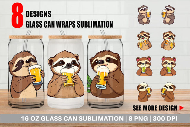 Glass Can Sloth Beer Day Sublimation artnoy 