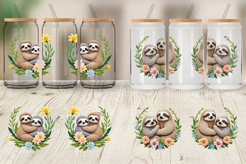 Glass Can Sloth Embroidery Sublimation artnoy 